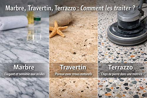 Différence entre marbre, travertin, terrazzo